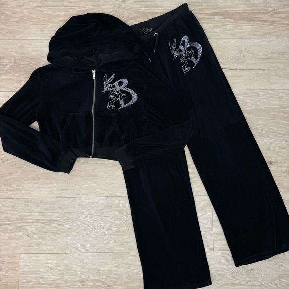 Dolls Kill Pants - Dolls Kill X Looney Tunes Velour Rhinestone Bugs Bunny Track Suit